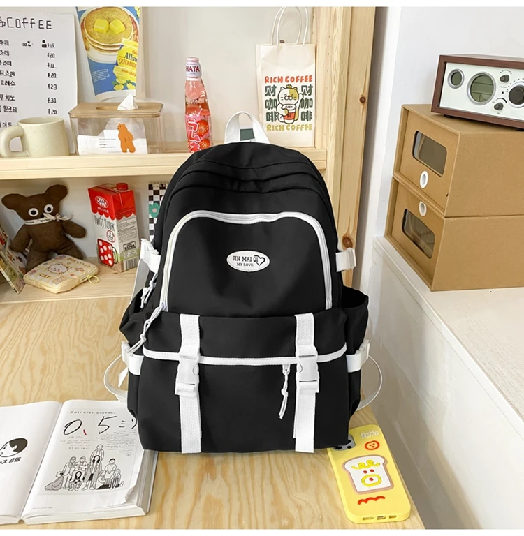 New High School Harajuku Double Buckle Women Backpack School Bags Teenage Girls Kawaii Backpack Waterproof Student Bag Mochila