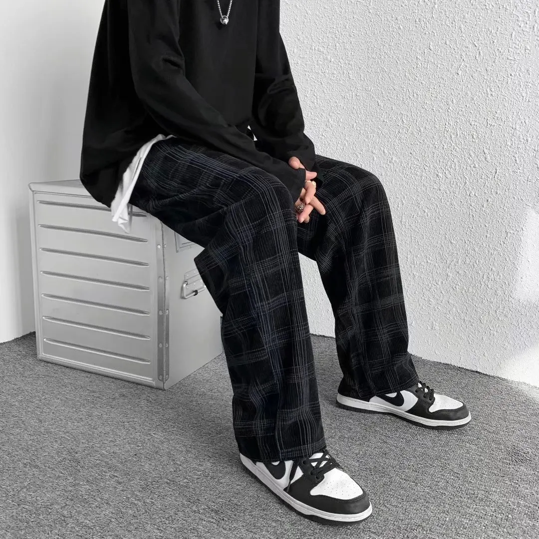 Plaid Straight Cylinder Summer Patchwork Men Straight Leg Pants Trend Loose Korean Spring All-match Wide Legs Casual Trousers