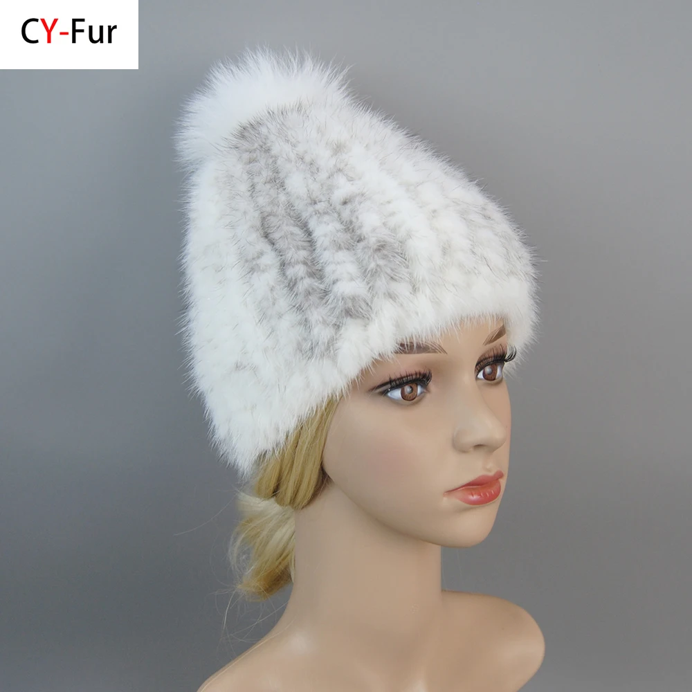 

Hot Sale Real Mink Fur Hat Women Winter Knitted Mink Fur Beanies Cap With Fox Fur Pom Poms 2019 New Thick Female Mink Fur Caps