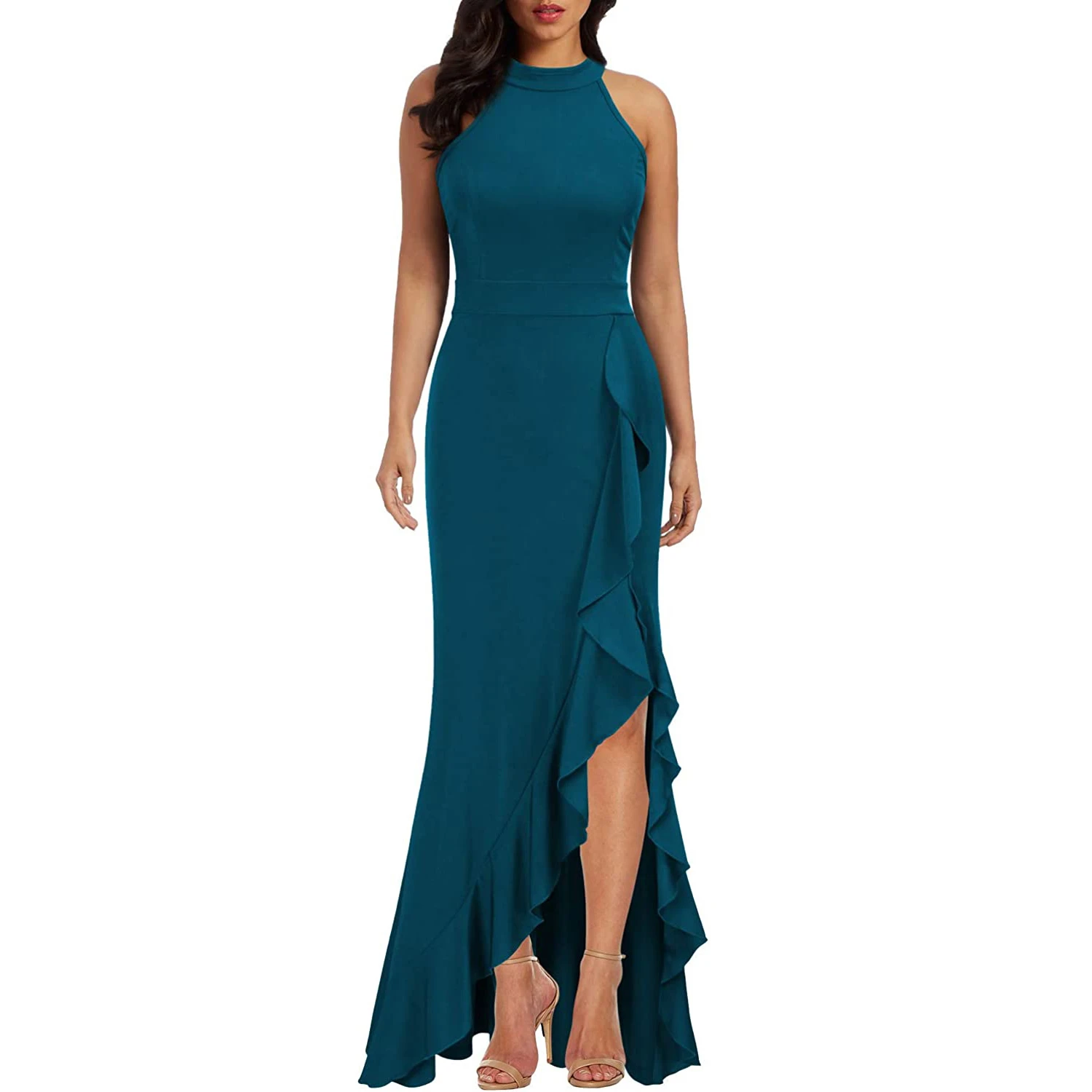 Women's High Neck Split Solid Color Sleeveless Bodycon Mermaid Evening