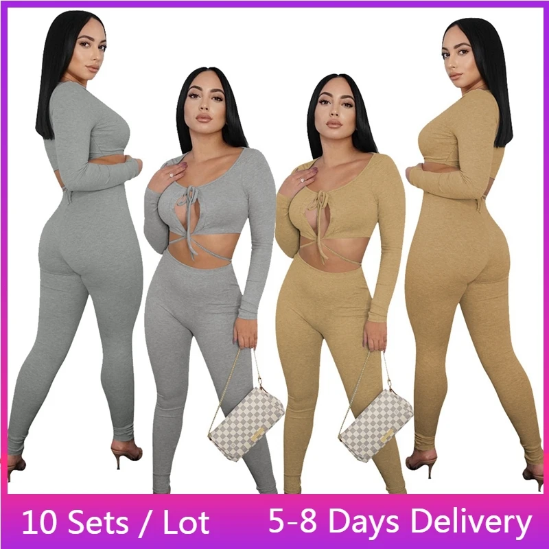 

Wholesale Items for Resale In Bulk for Women Solid Knit Ribbed Two Piece Sets Women Crop Top and Leggings Set Sexy Club Outfits