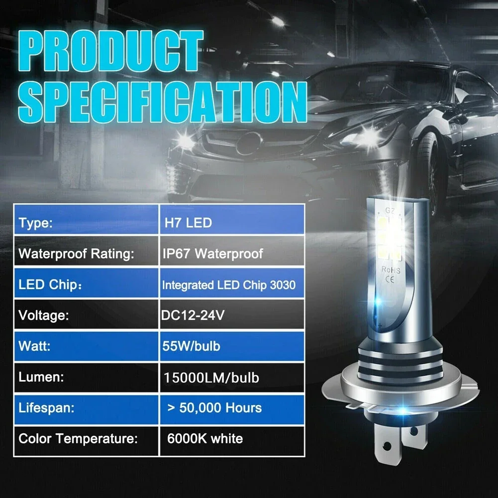 H7 LED Headlight 30000LM Car Fog Light Bulb 12V 24V Car High Low Beam 6000K IP67 Waterproof Super Bright for Vehicle Accessories
