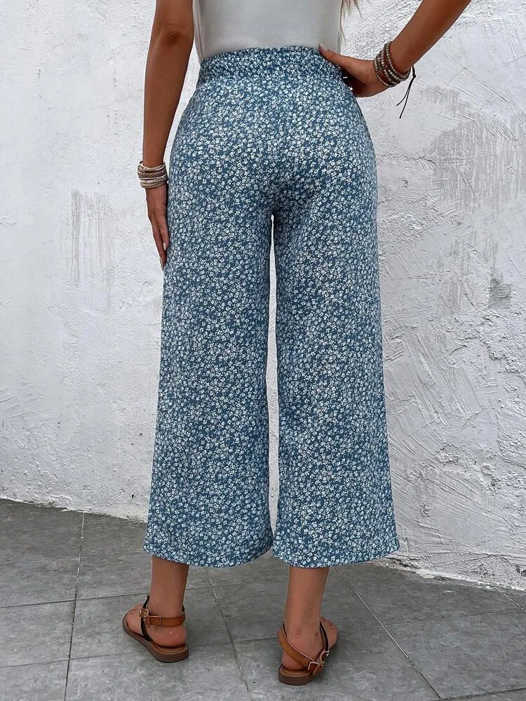New Bohemian Loose Print Waist Cut Trousers Floral Casual Trousers for Women