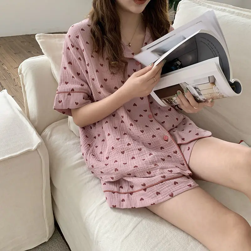 여성용 코튼 잠옷, 하트 프린트 잠옷, 반팔, 투피스 세트, 라운지웨어, 한국 잠옷, 여름 2021