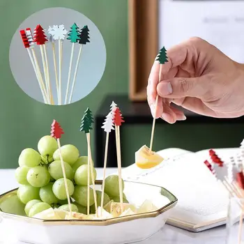 50pcs Christmas Bamboo Skewer Disposable Food Dessert Toothpicks Fruit Sticks Merry Christma Cupcake Cake Decor 1