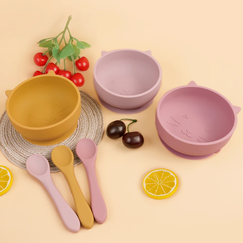 TYRY.HU 2pcs Silicone Baby Feeding Bowl Set Baby Learning Dishes Suction Bowl Set silicone Spoon Children Tableware Baby Stuff 6