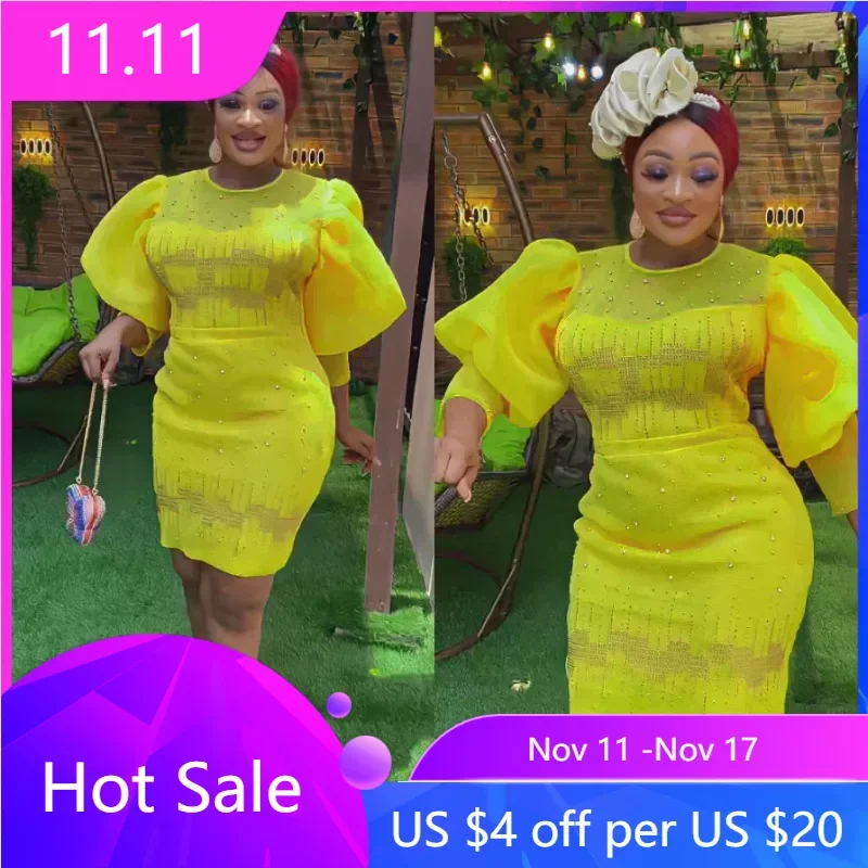 

Women Party Mini Dress O Neck Lantern Sleeves Beading Sexy Sheath Bodycon African Female Gowns Birthday Wedding Guest Event New