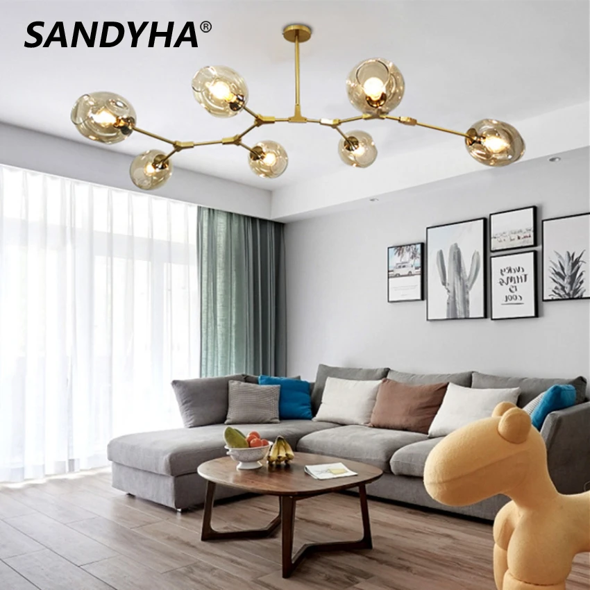 

SANDYHA Chandeliers Nordic Glass Pendant Lamp Creative Molecular Design Led Light for Living Dining Room Bedroom Villa Fixtures