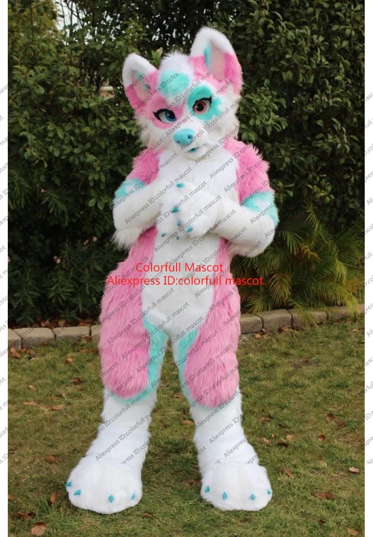 Pink Blue White Long Fur Furry Husky Dog Wolf Fox Fursuit Mascot Costume  Adult Cartoon Character Suit Real Play Trade Shows