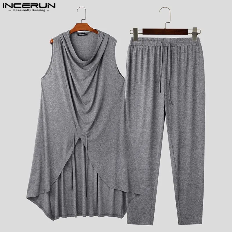 Fashion Casual Style Sets INCERUN New Men's Hooded Swinging Neck Sleeveless Drawstring Vests Pant Streetwear Two-piece Sets 2024 5