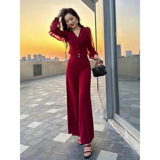 Conjunto elegante de dos piezas para mujer, camisa de encaje, Top y  pantalones de pierna ancha, color rojo vino y negro, para primavera y  verano, 2023 - AliExpress