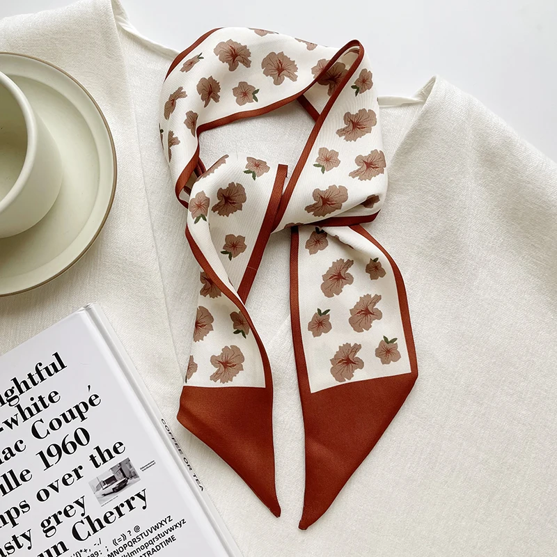 Luna&Dolphin Women Spring Skinny Long Scarf Red Geometry Letter Checkerboard Print Chiffon Silk Tie Bag Ribbon Headband Choker 4