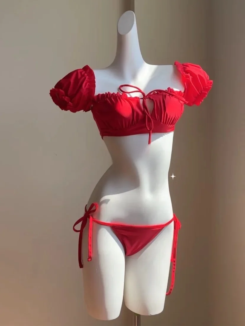 Sexy Red Bikini Set Three-piece Separate Swimwear High Quality Material French Rose Style Female Summer Beach Clothing