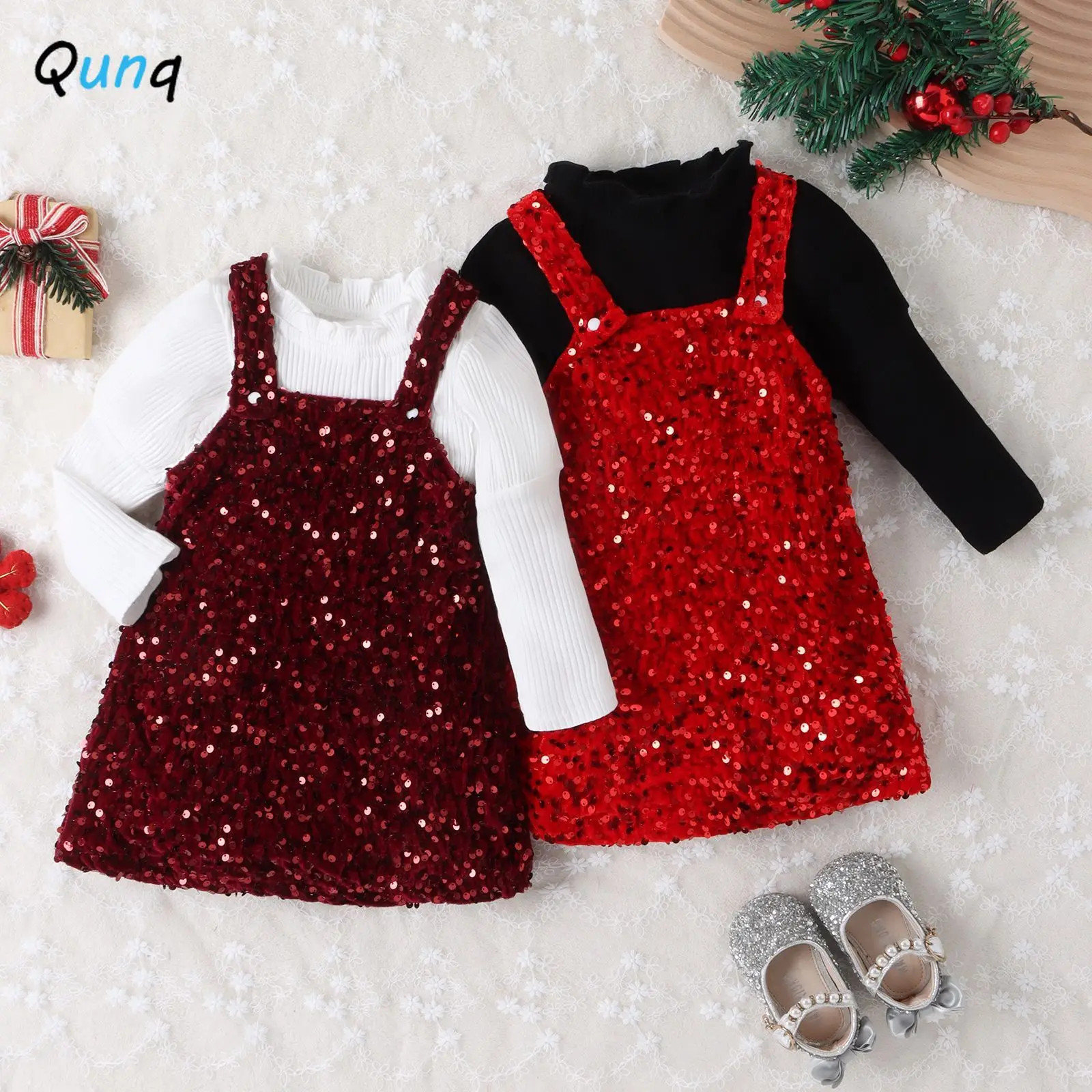 

Qunq 2023 Autumn Girls Christmas Clothes Long Sleeve Top + Sequined Suspenders Dress 2 Pieces Set Casual Kids Clothes Age 3T-8T