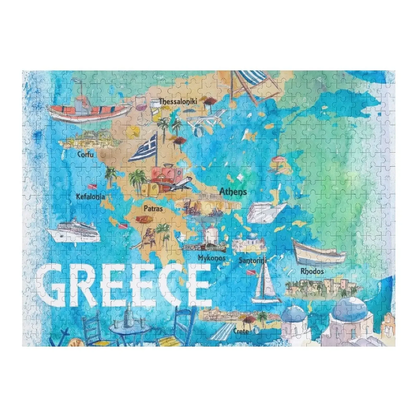 

Greece Illustrated Travel Map with Landmarks and Highlights Jigsaw Puzzle Personalized For Kids Personalised Puzzle