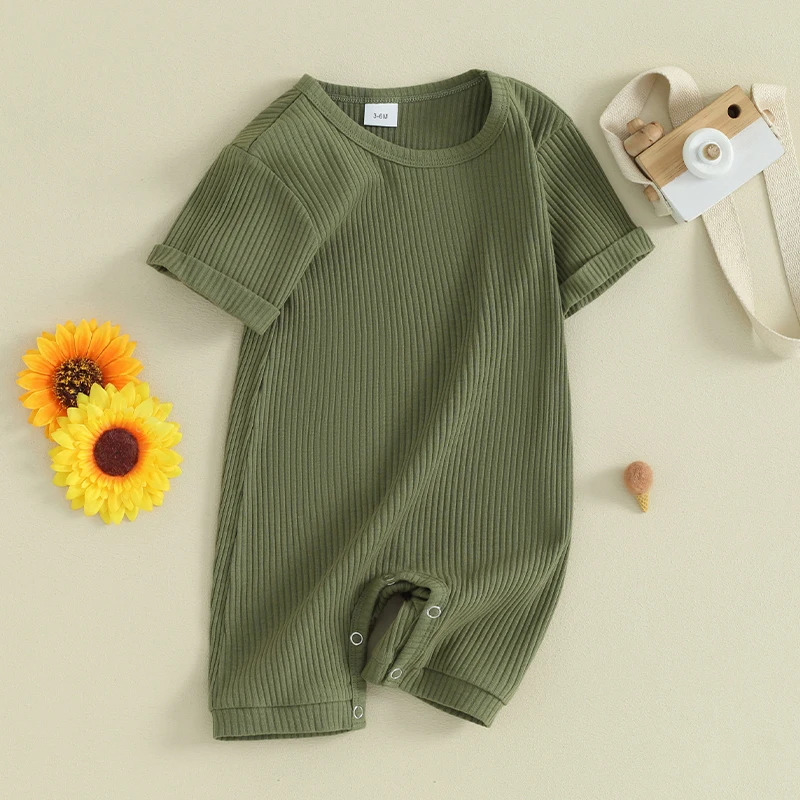 

Newborn Baby Boy Summer Romper Ribbed Knitted Short Sleeve Crewneck Solid Color Shorts Jumpsuit Playsuit