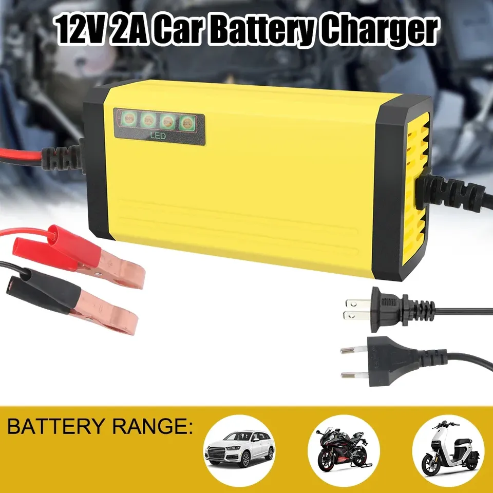 Portable 12V 2A Car Battery Charger 220V Power Pulse Repair Wet Dry Lead Acid Battery LED Display Motorcycle Battery Charger