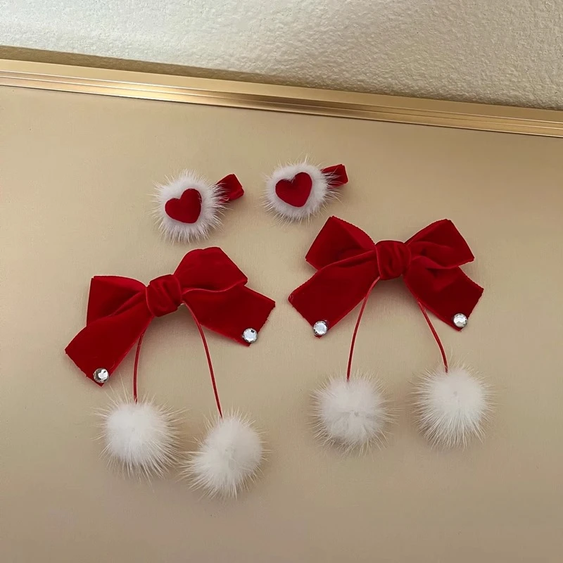 Red Velvet Bow Hairpins for Princess Girl Cute Pompom Heart Kids Autumn Winter Hair Clips Korean Sweet Clips New Year Headwear