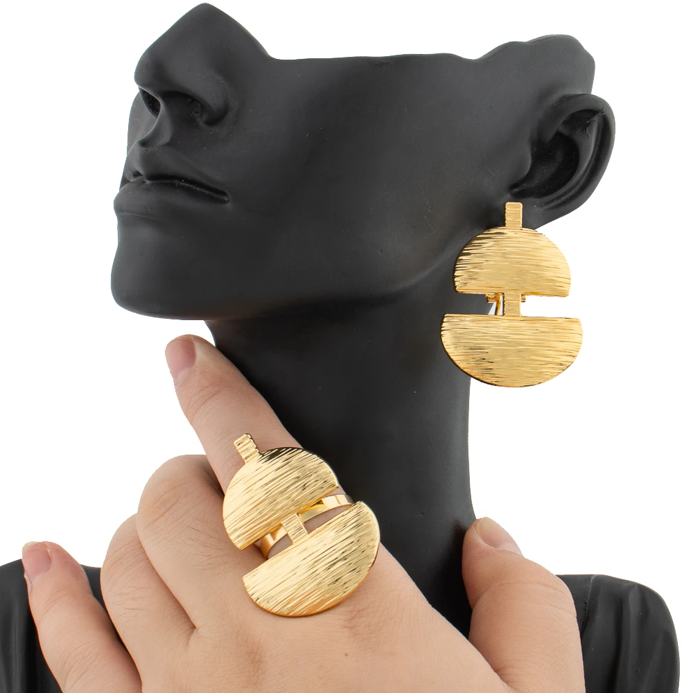 

African Earrings and Ring Jewelry Set for Ladies Irregular Design Statement Earrings Finger Ring Set Daily Wear Nigerian Jewelry