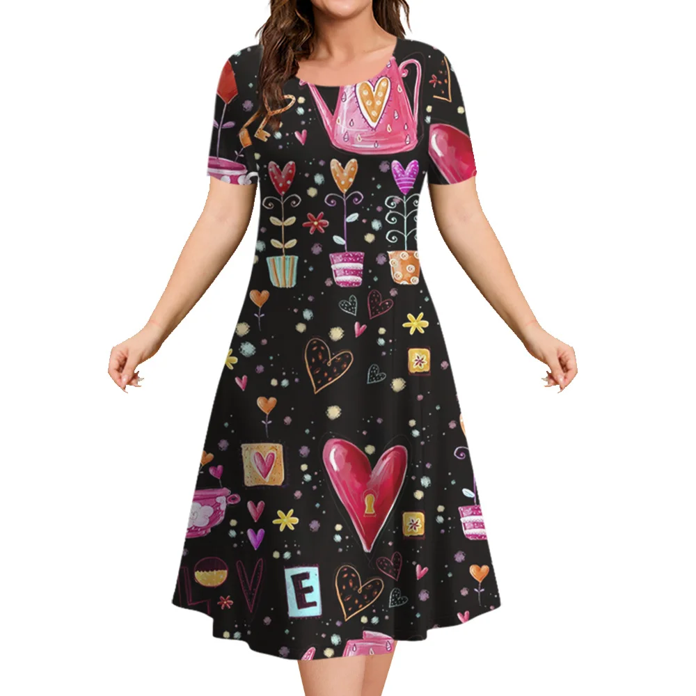 

Love Print Women's Dresses 2023 Summer Plus Size Casual Beach Party Skirt Fashion O-Neck Female Loose Long Knee Dress Pullover