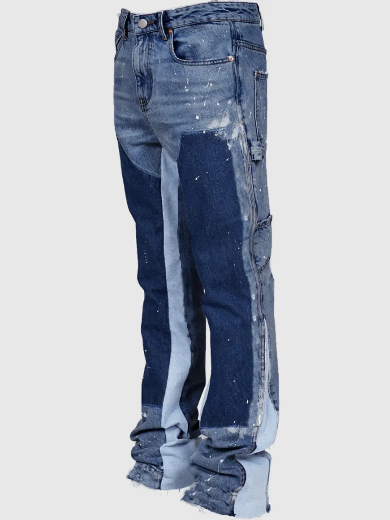 2025 Men's Fashion Jeans Work Pants, European and American Fashion Workwear Elastic Patchwork Denim Layered Flared Pants S-XXL 5