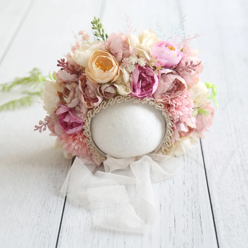 Knit Hat Baby Hat Newborn Floral Bonnet Knitted For Photography Photo Shoot Props