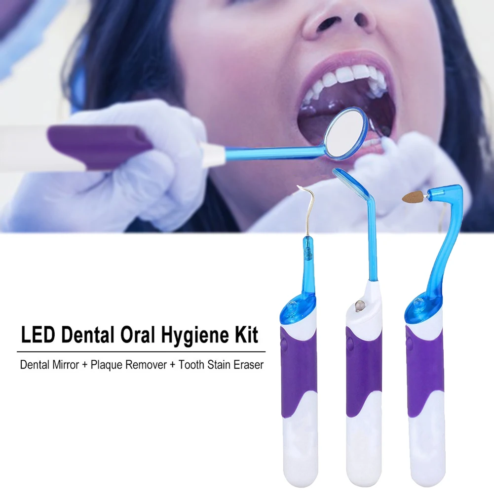 

LED Dental Oral Hygiene Device Teeth Grinding Tools Kit Mouth Mirror + Polishing Bur Stain Eraser + Probe Scraper Plaque Remover