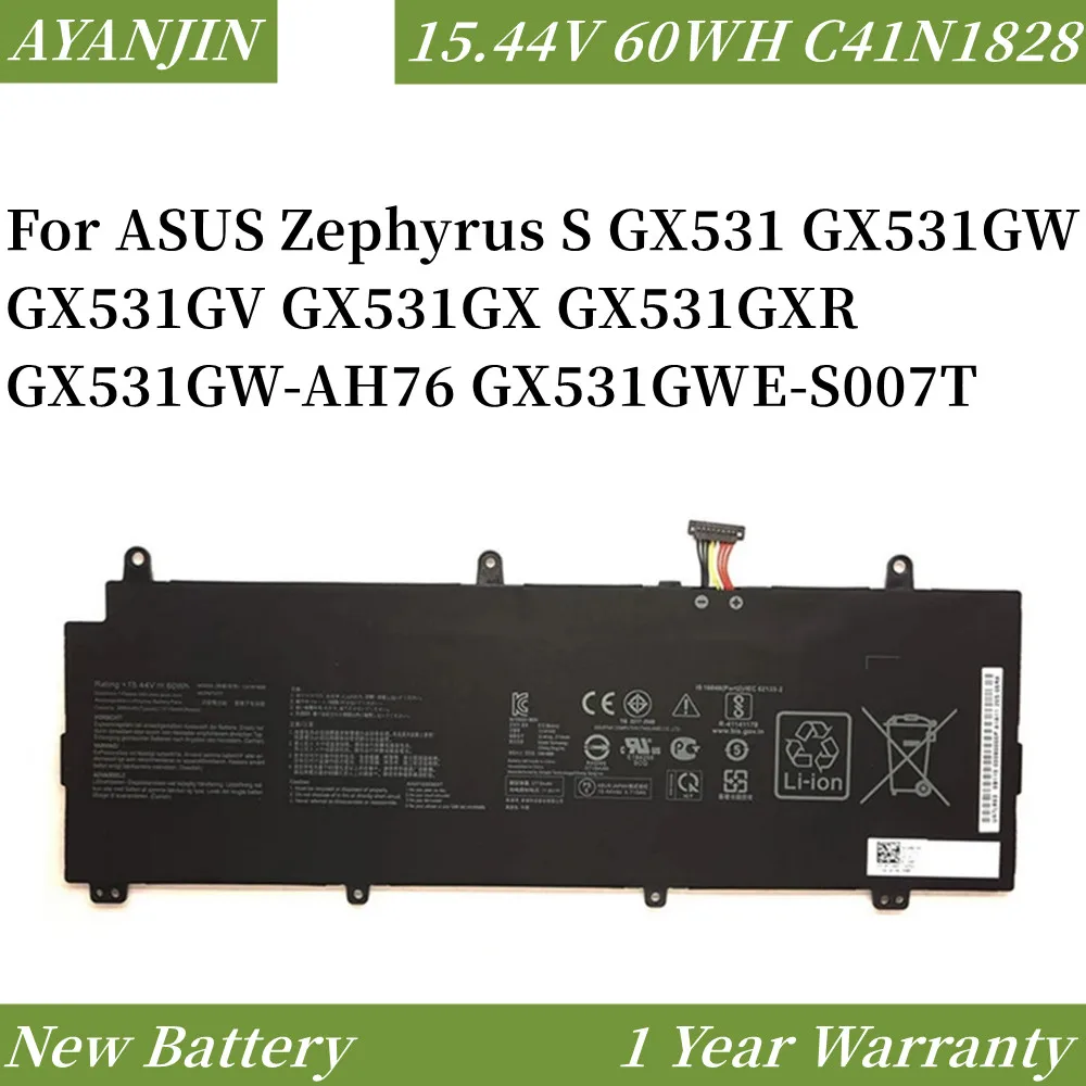 C41N1828 15.44V 60WH Laptop Battery For ASUS ROG Zephyrus S GX531GW GX531GV GX531GWR GX531GX GX531GXR GX531GV-ES003T gx531gx is suitable for asus gx531gwr gx531gx gx531gxr gx531gw laptop motherboard with i7 9750h rtx2070 8g 8g ram 100% test ok