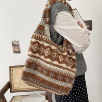 Winter Plaid Women's Plush Shoulder Bags Vintage Leopard Ladies Furry Handbags Large Capacity Female Faux Lamb Wool Tote Bag