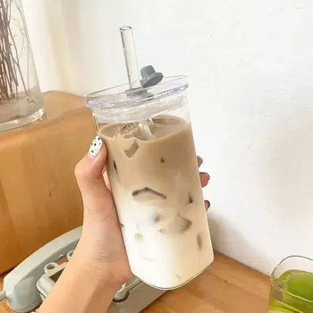 Tazza da caffè quadrata in vetro da 1 pezzo con coperchio e cannuccia Bicchieri trasparenti per caffè freddo, latte, birra per cucina e sala da pranzo 1