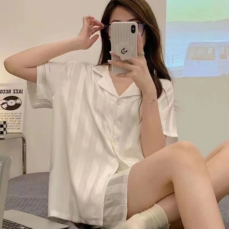 Summer Women's Thin Imitation Silk Pajamas Short Sleeve Shorts Loose Fitting Home Clothing Set Sweet Vertical Striped Sleepwear