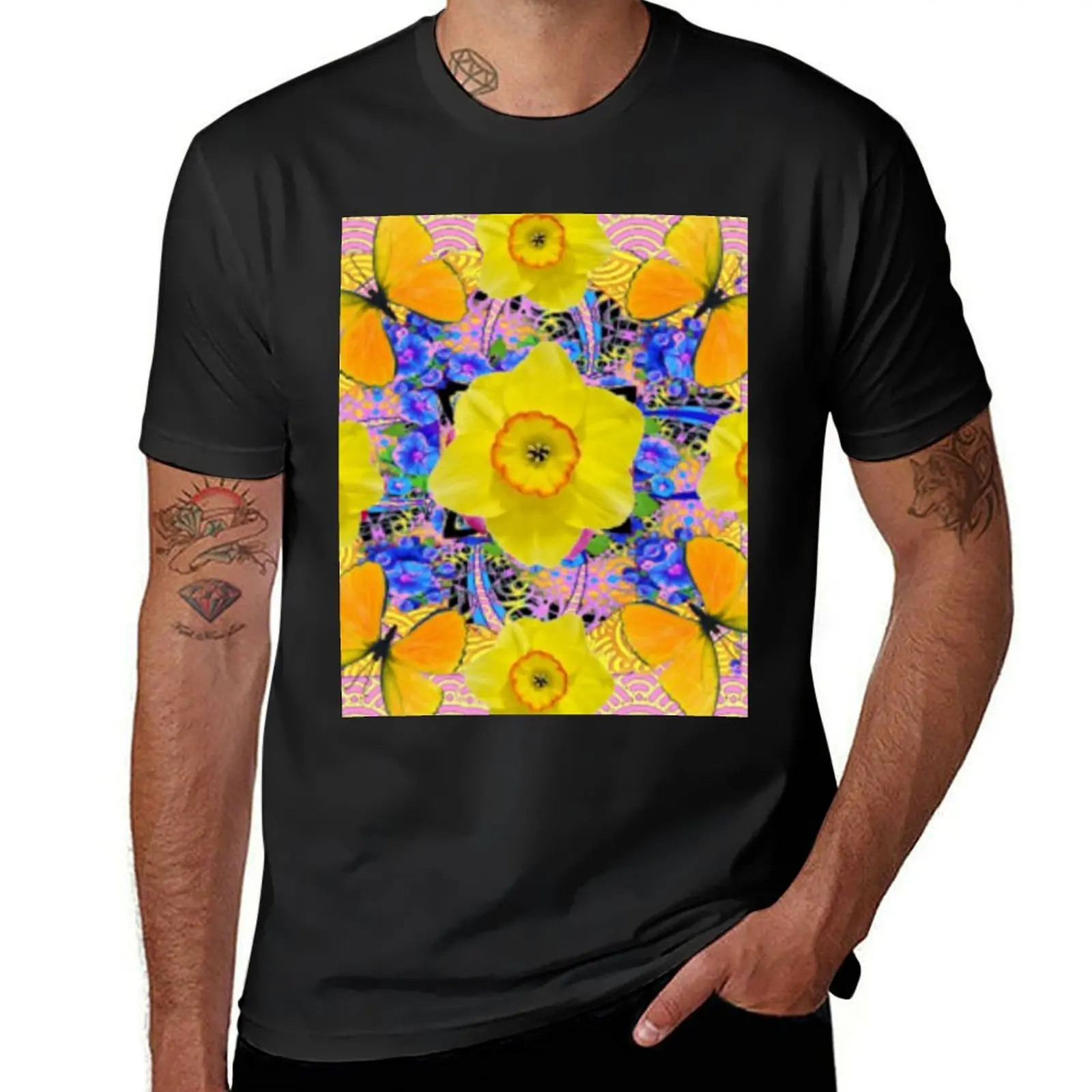 

SPRING YELLOW DAFFIDILS BLUE FLORAL YELLOW ART T-Shirt anime Aesthetic clothing plus sizes blanks T-shirts for men cotton