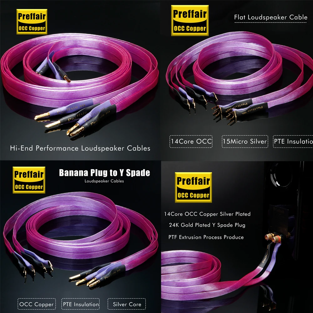 Pair OCC Speaker Cable Blue Ribbon Horn Banana Y Plugs Cable flat belt structure for Speaker Amplifier High fidelity sound