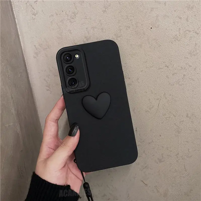 Cute 3D Love Heart Silicone Phone Case with Lanyard Wrist Strap Cover
