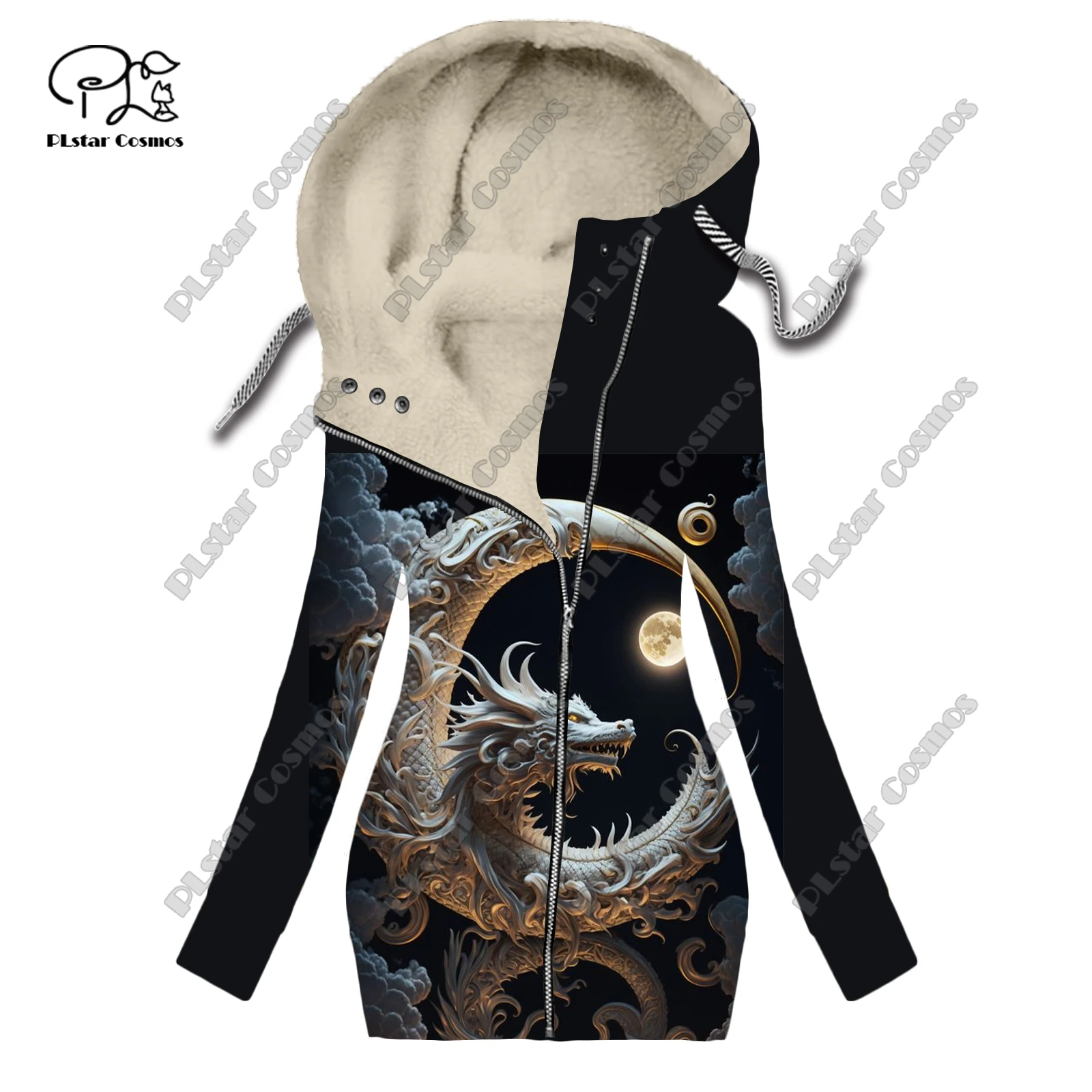 New 3D printing animal series dragon cloud pattern velvet warm women's long zipper hoodie jacket commuting casual winter