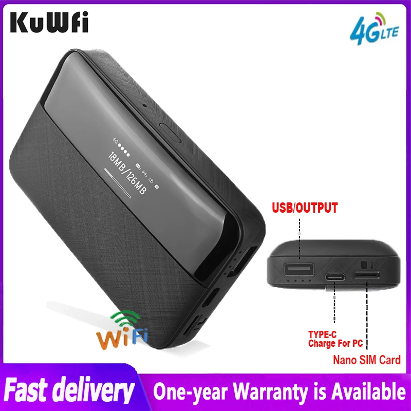 Kuwfi-mobile 4g Lte Router 150mbps Mini Roteador sem Fio Portátil Outdoor Wifi Hotspot com Slot para Cartão Sim 6000mah Power Bank