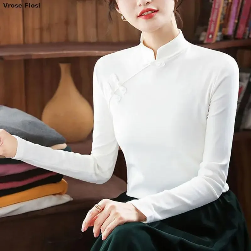 Cheongsam Women's Plus Size Stand Collar Tops Winter Cotton Blend Pure Color Long Sleeve Chinese Style Qipao Shirts Woman