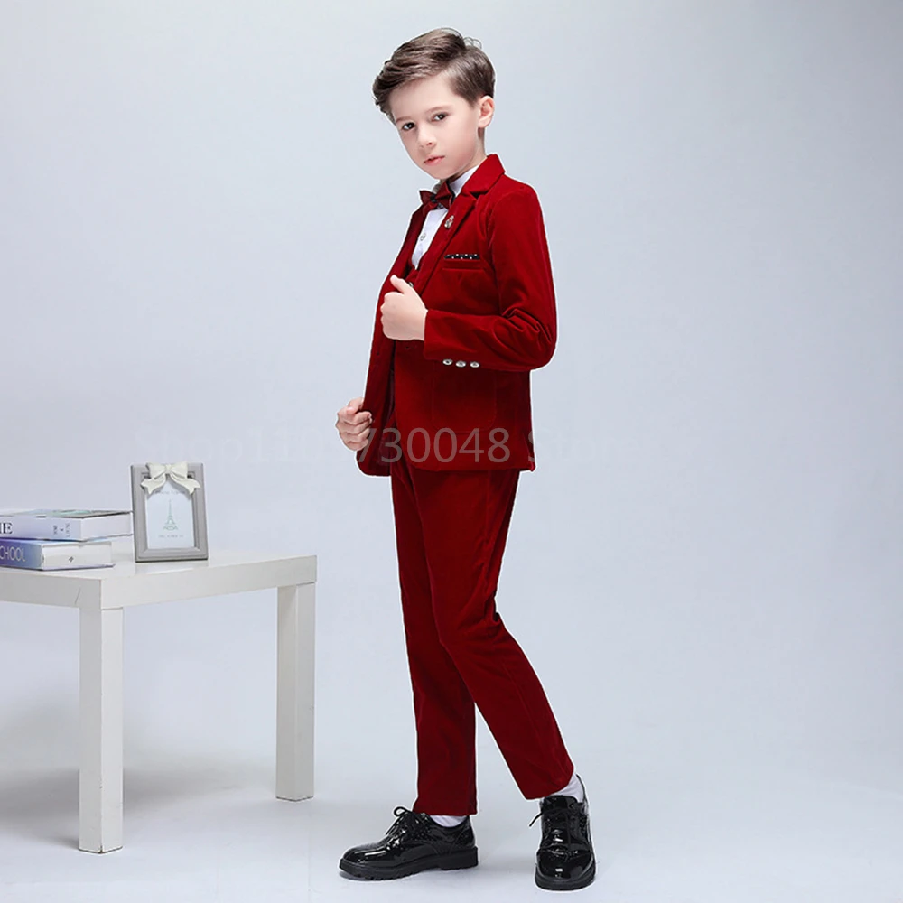 Formal Boys Suit For Wedding Children Red Velvet Party Blazer Vest Pants Outfit Kids Costume Gentlemen Teenager Prom Tuxedos Set