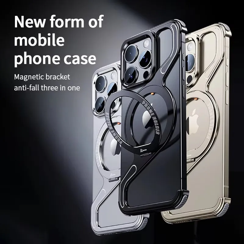 Z Shape Metal Frame MagSafe Phone Case For iPhone 16 15 14 13 Pro Max 16Plus Aluminum Frameless Magnetic Holder Shockproof Cover — view 6