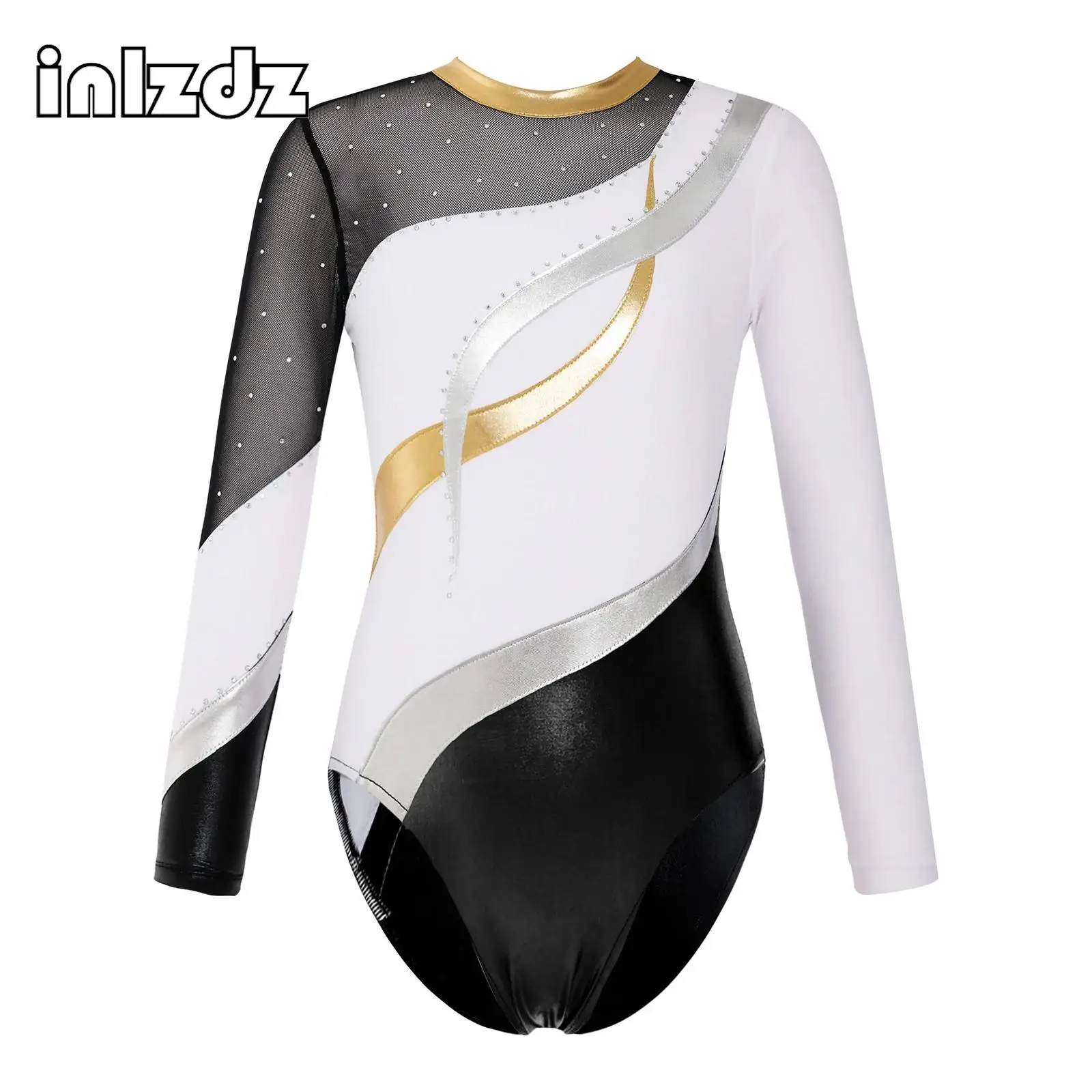 

Kids Girls Gymnastics Ballet Dance Leotards Bronzing Long Sleeve Splice Mesh Figure Skating Leotards Dancing Unitard Costume