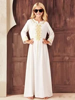 Vêtements pour enfants Robe de mode rétro pour fille Article unique Fille Or Floral Impression numérique Dentelle Blanc pur Col en V Petite ouverture Robe pull Jupe longue Convient pour 4-11 ans 4