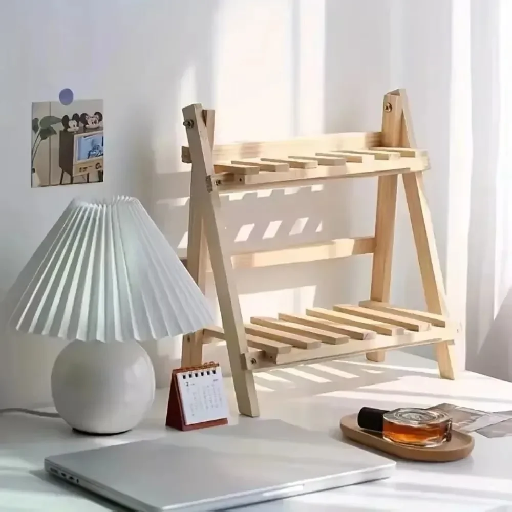 Wooden Storage Shelf 2-Tiers Foldable Organizer Shelves Bedroom Cosmetics Decoration Rack Solid Wood Trapezoidal Display Racks