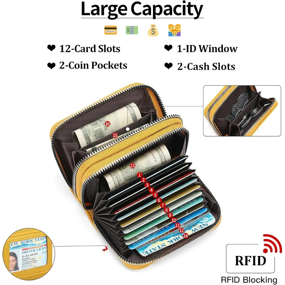 Elegant RFID Blocking Leather Wallet with Double Zipper and ID Window