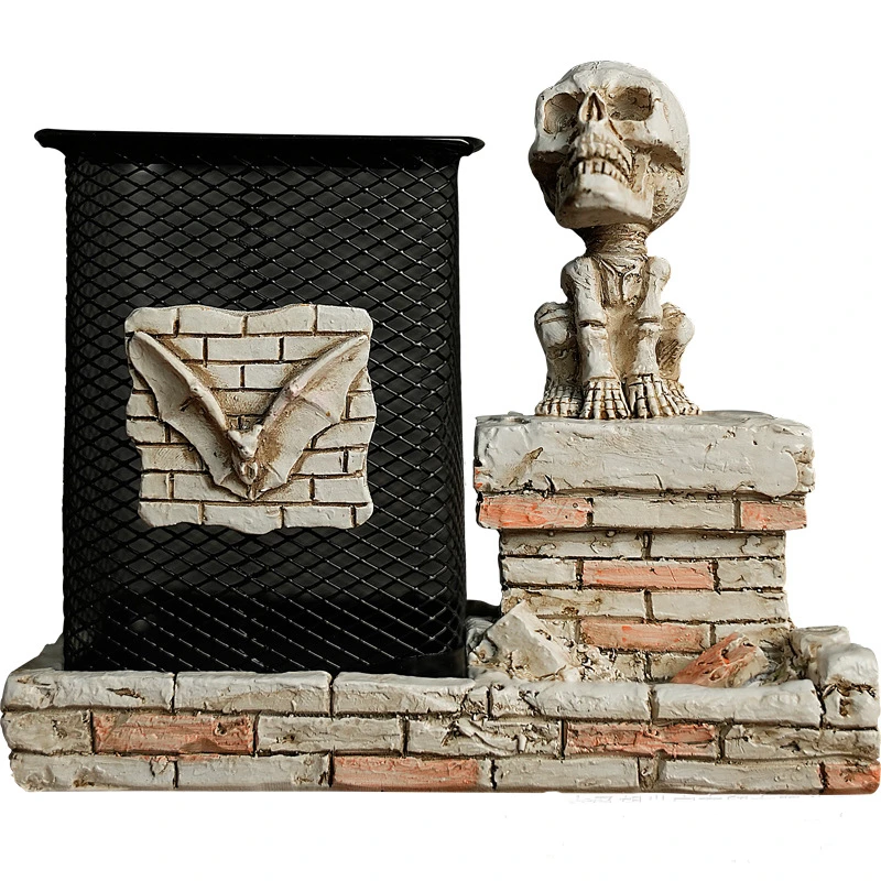 Skull Pen Container Versatile Holder Flower Display Halloween Themed Makeup Tool Organizer Stand Perfect Office Stationery Gift