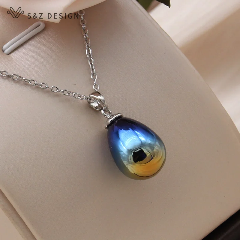 S&Z DESIGN New Fashion Colorful Water Drop Beads Pendant Necklace For Women Wedding 585 Rose Gold Color Collarbone Chain Jewelry