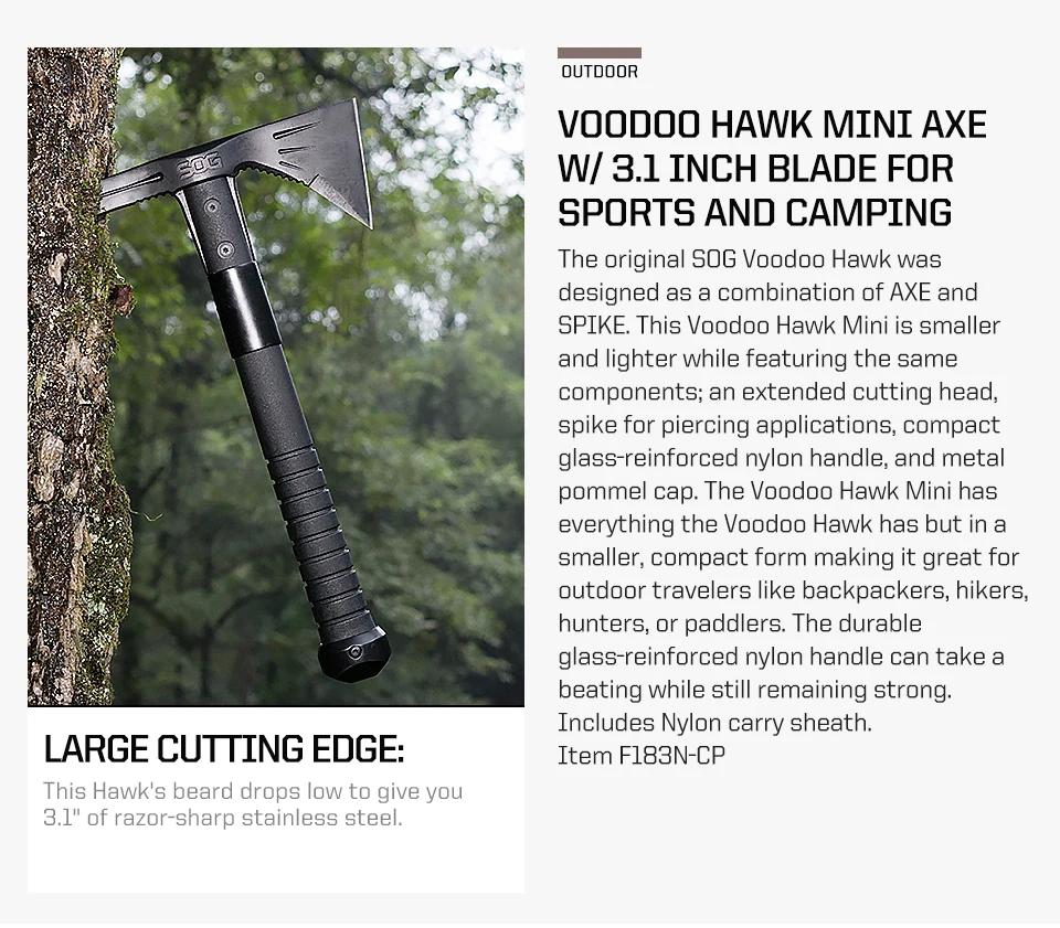 Description Picture 3 of itemSOG Voodoo Hawk Mini Hatchet Survival Sports and Outdoor Camping Axes Jungle Hunting Cutting Firewood Axe with sheath Hand Tools