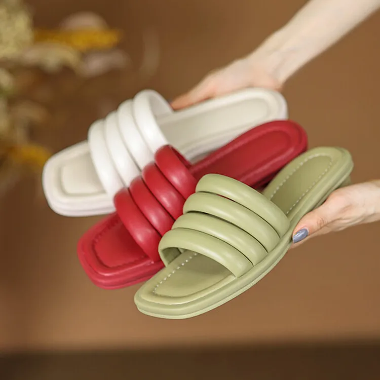 

2023Vintage Green Women Outside Flats Slipper Chic Fashion Platform Beach Summer Shoes White 2cm Square Heels Lady Slides Mujer