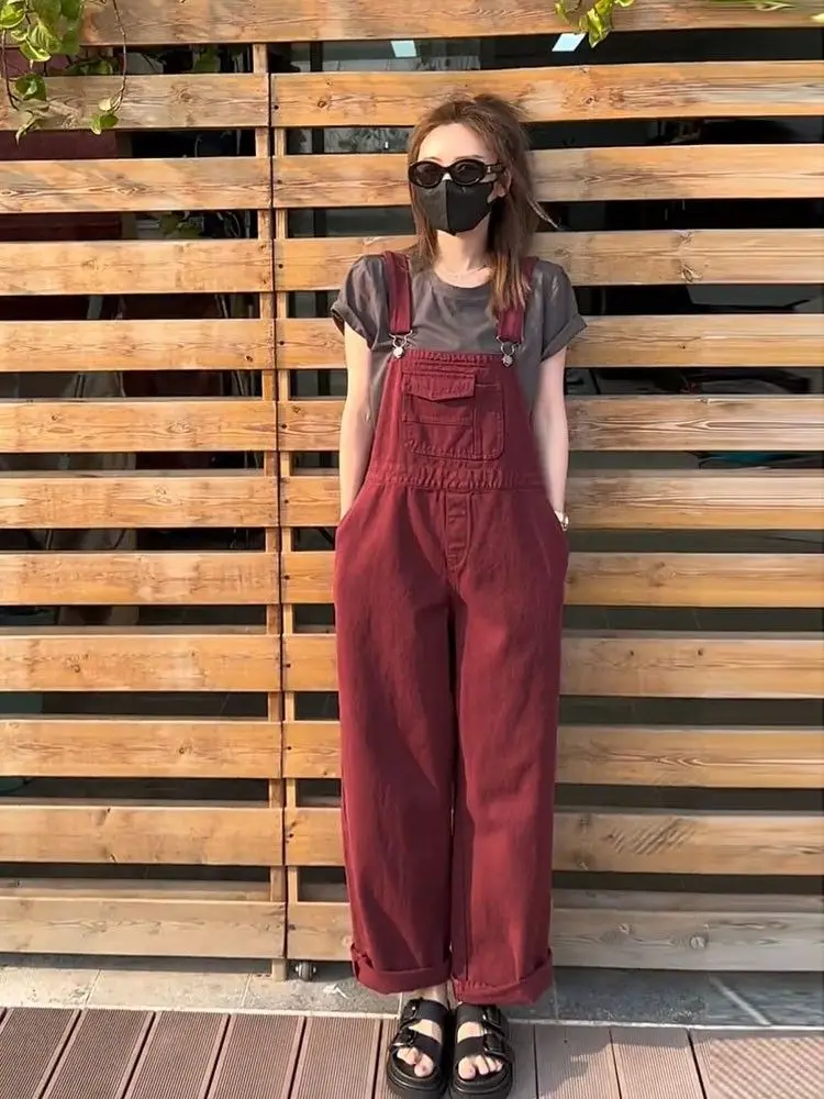 Straps Jean Vintage Women Summer 2024 Korean Style Loose Red Pockets Denim Wide Leg Jumpsuits Tide Casual Straps Jeans Versatile