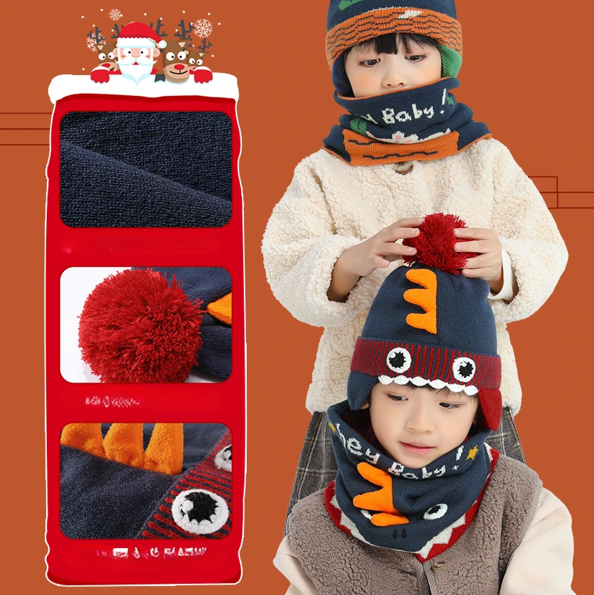

New Autumn and Winter Cute Children Cartoon Scarf Hat Two-piece Double Fleece Warmth Boy Girl Child Adult Parent-child Baby hat