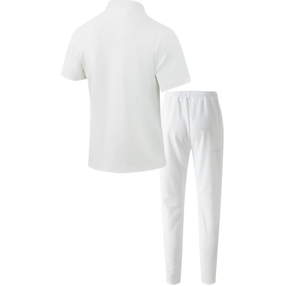 2025 New Solid Color Button Pocket Shirt with Short Sleeve Trousers Waffle Check Two-Piece Outdoor Travel Set white back